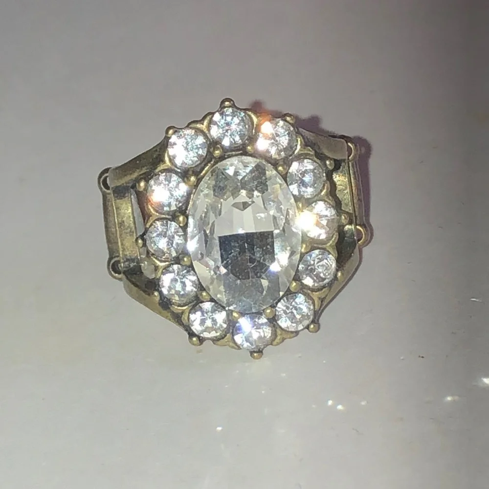 Antique Gold Tone Brass Tone Rhinestone Cluster Ring